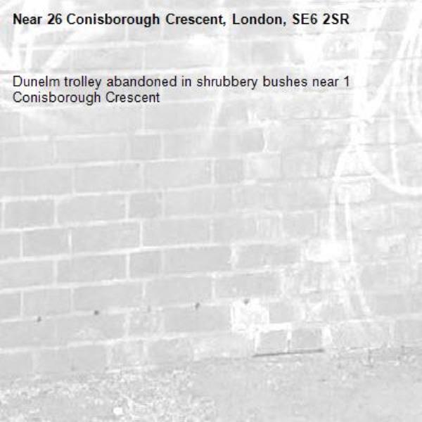 Dunelm trolley abandoned in shrubbery bushes near 1 Conisborough Crescent -26 Conisborough Crescent, London, SE6 2SR