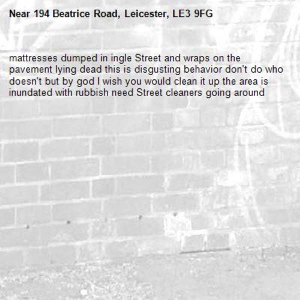 mattresses dumped in ingle Street and wraps on the pavement lying dead this is disgusting behavior don't do who doesn't but by god I wish you would clean it up the area is inundated with rubbish need Street cleaners going around-194 Beatrice Road, Leicester, LE3 9FG