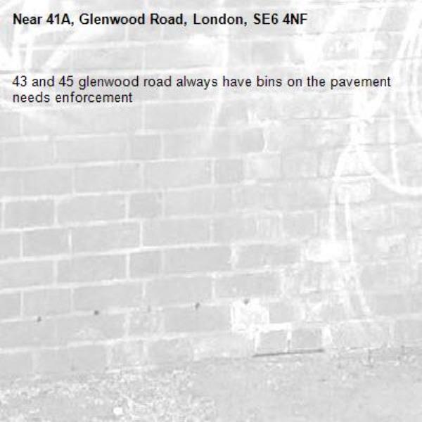 43 and 45 glenwood road always have bins on the pavement needs enforcement -41A, Glenwood Road, London, SE6 4NF