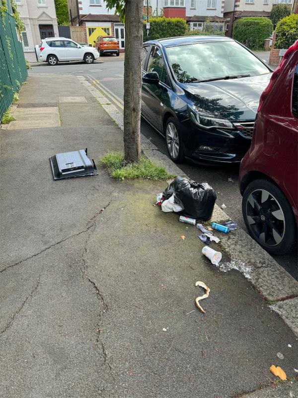 Litter and broken tv on pavement near school which is a health and safety risk to young children -98 Birkhall Road, Catford, London, SE6 1TD