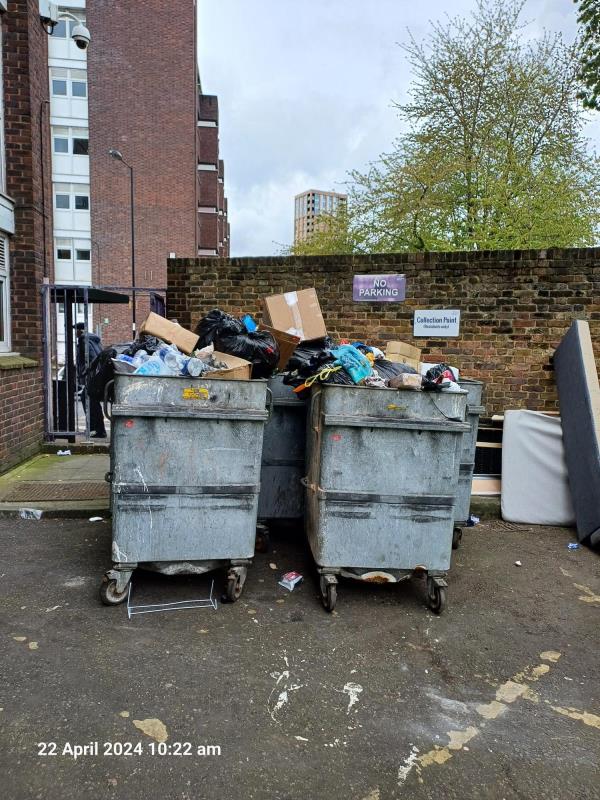 Missed Refuse collection
Reported by Housing Estates Environment Team-Bembridge House, Longshore, London, SE8 3AT