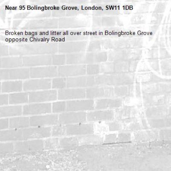 Broken bags and litter all over street in Bolingbroke Grove opposite Chivalry Road-95 Bolingbroke Grove, London, SW11 1DB