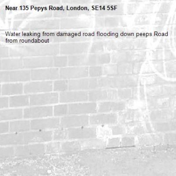 Water leaking from damaged road flooding down peeps Road from roundabout-135 Pepys Road, London, SE14 5SF