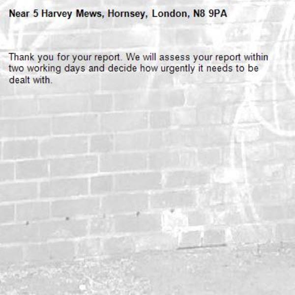 Thank you for your report. We will assess your report within two working days and decide how urgently it needs to be dealt with.-5 Harvey Mews, Hornsey, London, N8 9PA