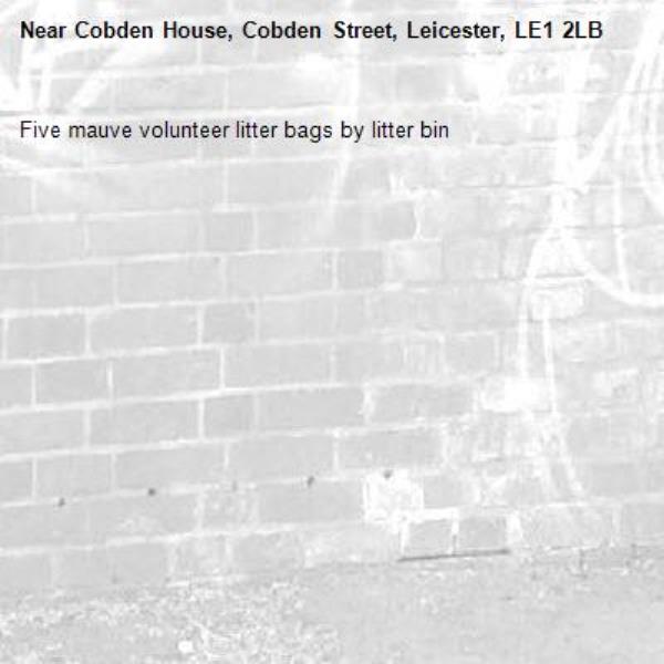 Five mauve volunteer litter bags by litter bin -Cobden House, Cobden Street, Leicester, LE1 2LB