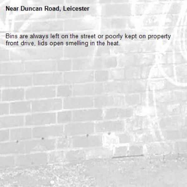 Bins are always left on the street or poorly kept on property front drive, lids open smelling in the heat. -Duncan Road, Leicester