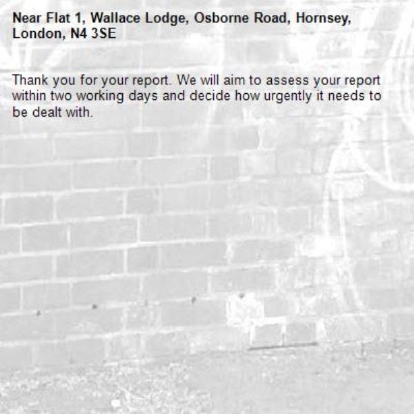 Thank you for your report. We will aim to assess your report within two working days and decide how urgently it needs to be dealt with.-Flat 1, Wallace Lodge, Osborne Road, Hornsey, London, N4 3SE