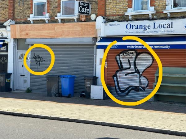 Graffiti on shutters needs removing please.-103A, Manor Lane, London, SE12 8LT