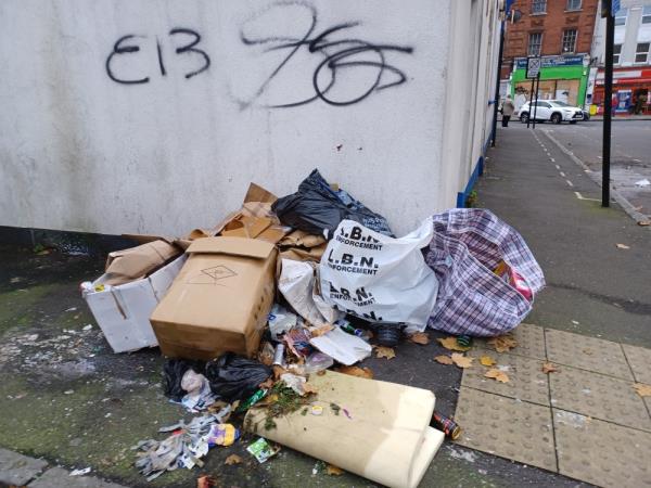 Cardboard boxes, plastics, foam mattresses and household waste fly tipped at 37 Doherty Road, E13. -37 Doherty Road, Plaistow, London, E13 8DR