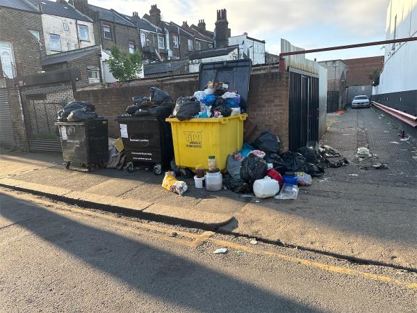 Daily dump of rubbish which is not being investigated. Yellow bin unlocked and overflowing had been out for 4 days. This is an environmental health concern which needs to be investigated and escalated -1 Milton Avenue, East Ham, London, E6 1BG