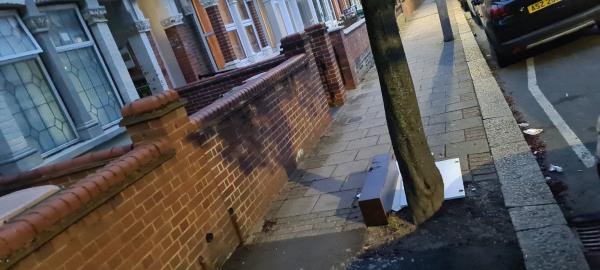 Rubbish dumped on pavement outside 39-50 Churston Avenue, Upton Park, London, E13 0RH