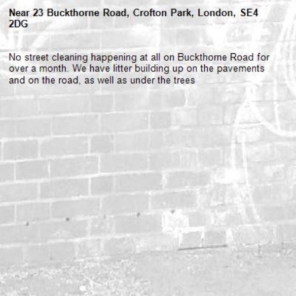 No street cleaning happening at all on Buckthorne Road for over a month. We have litter building up on the pavements and on the road, as well as under the trees -23 Buckthorne Road, Crofton Park, London, SE4 2DG