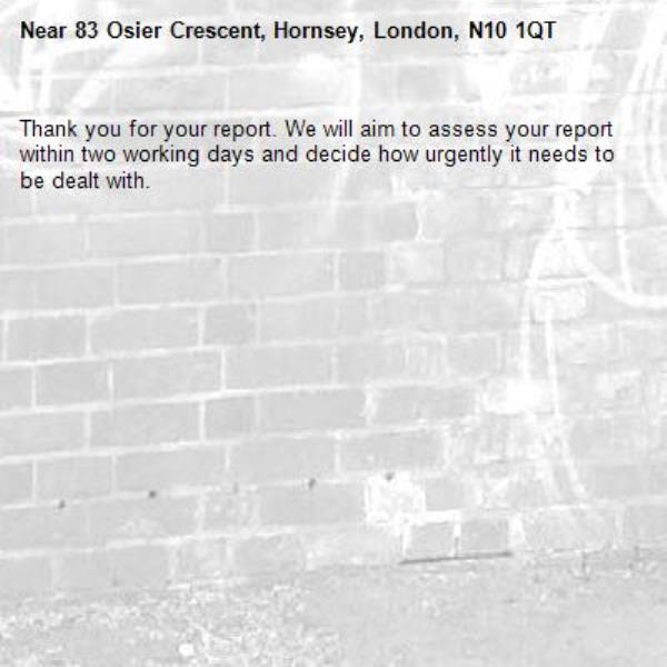 Thank you for your report. We will aim to assess your report within two working days and decide how urgently it needs to be dealt with.-83 Osier Crescent, Hornsey, London, N10 1QT