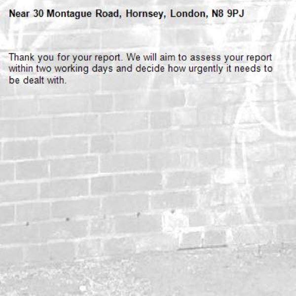 Thank you for your report. We will aim to assess your report within two working days and decide how urgently it needs to be dealt with.-30 Montague Road, Hornsey, London, N8 9PJ