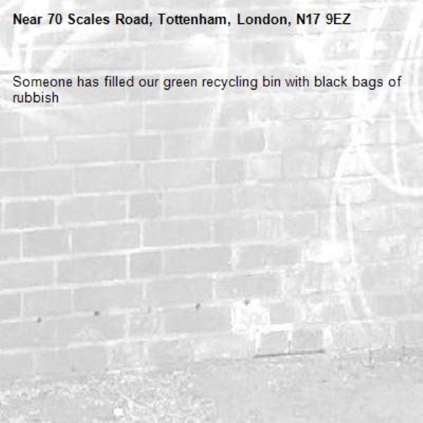 Someone has filled our green recycling bin with black bags of rubbish -70 Scales Road, Tottenham, London, N17 9EZ