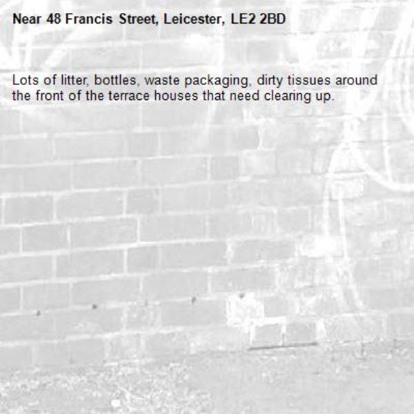 Lots of litter, bottles, waste packaging, dirty tissues around the front of the terrace houses that need clearing up.-48 Francis Street, Leicester, LE2 2BD