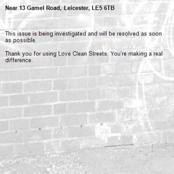 This issue is being investigated and will be resolved as soon as possible.

Thank you for using Love Clean Streets. You’re making a real difference.
-13 Gamel Road, Leicester, LE5 6TB
