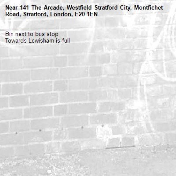 Bin next to bus stop
Towards Lewisham is full -141 The Arcade, Westfield Stratford City, Montfichet Road, Stratford, London, E20 1EN