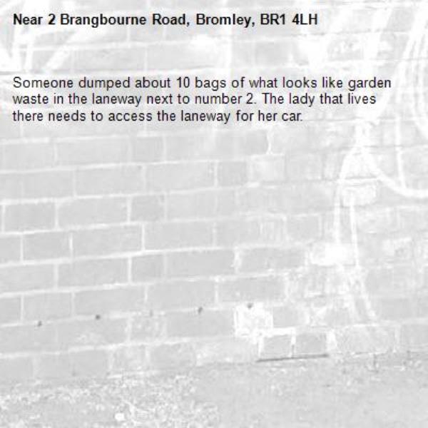 Someone dumped about 10 bags of what looks like garden waste in the laneway next to number 2. The lady that lives there needs to access the laneway for her car.-2 Brangbourne Road, Bromley, BR1 4LH