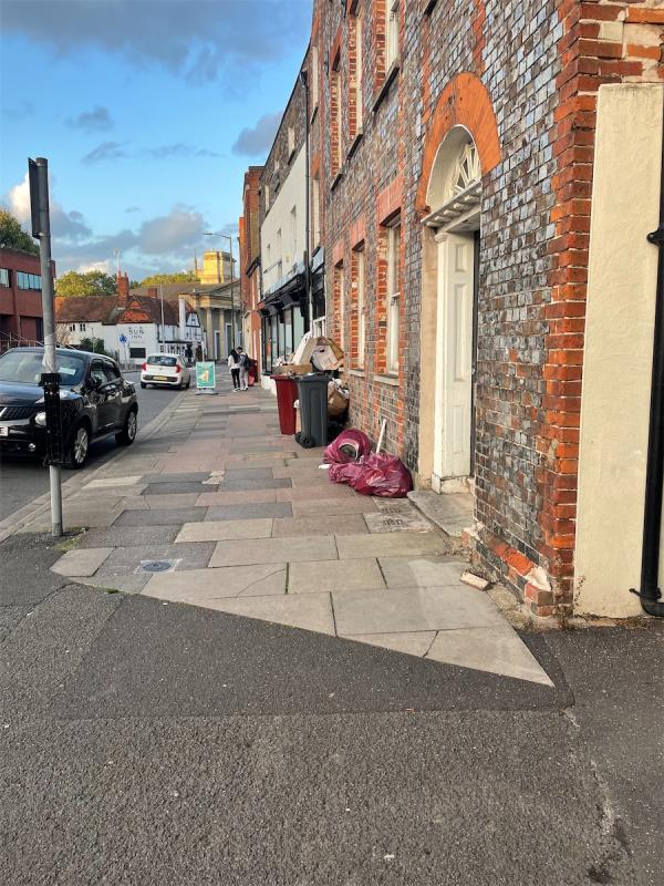 this photo is taken along Castle Street, looking at 39 Castle Street and probably 33 Castle Street. These bins have been out and emptied for over a week now. What is the issue here?-17 Almshouses, Castle Street, Reading, RG1 7SS