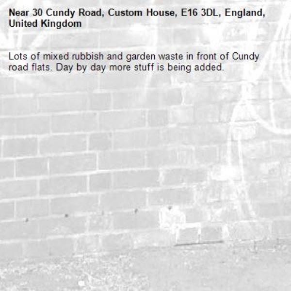 Lots of mixed rubbish and garden waste in front of Cundy road flats. Day by day more stuff is being added.-30 Cundy Road, Custom House, E16 3DL, England, United Kingdom