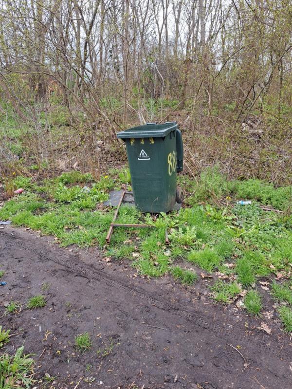 This bin and metal frame have been damped here for some time now. Please remove as it is very close to main busy road and could be potential danger and cause traffic incident. -Woolwich Manor Way, Beckton, London