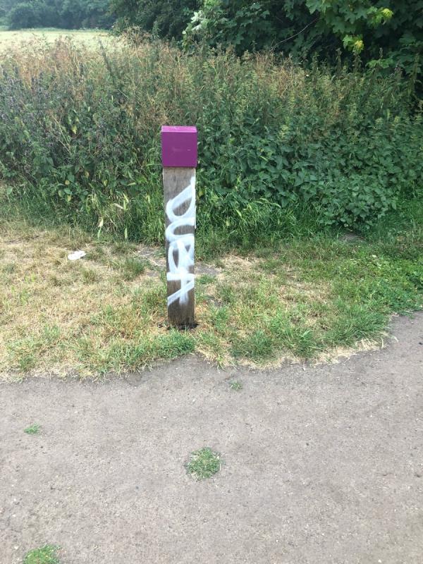 Beckenham Place Park on footpath leading to Railway Bridge. Remove graffiti from wooden post-54 Brangbourne Road, Bromley, BR1 4LH
