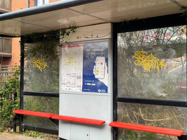 Graffiti on bus shelter needs removing please.-Flat 1, Saravia Court, 69A--71A Springbank Road, Hither Green, London, SE13 6SS