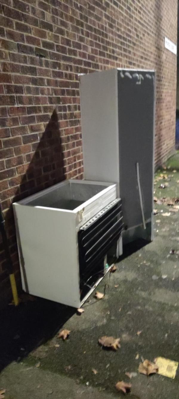 There are 3 fridges being left on the street at the corner of Morse Close and Suffolk Road.-16 Morse Close, Canning Town North, E13 0HL, England, United Kingdom