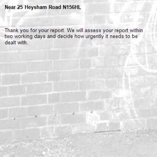 Thank you for your report. We will assess your report within two working days and decide how urgently it needs to be dealt with.-25 Heysham Road N156HL