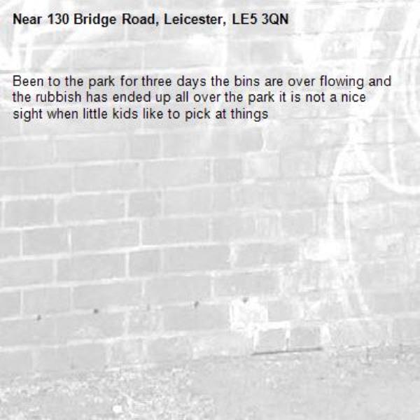 Been to the park for three days the bins are over flowing and the rubbish has ended up all over the park it is not a nice sight when little kids like to pick at things -130 Bridge Road, Leicester, LE5 3QN