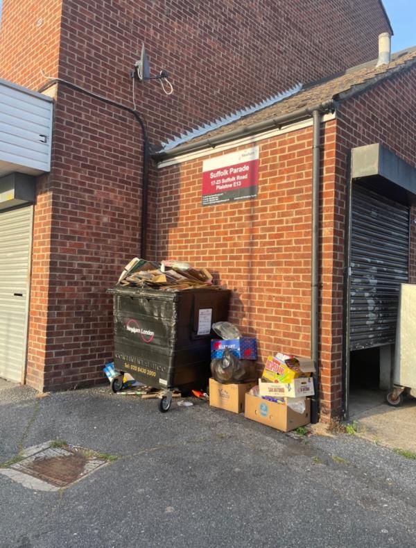 Comercial waste bin is overcrowded , fly-tipping all around the bin and around the area -23 Suffolk Road, Plaistow, E13 0HE