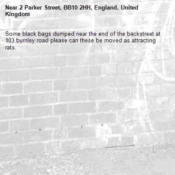 Some black bags dumped near the end of the backstreet at 103 burnley road please can these be moved as attracting rats. -2 Parker Street, BB10 2HH, England, United Kingdom