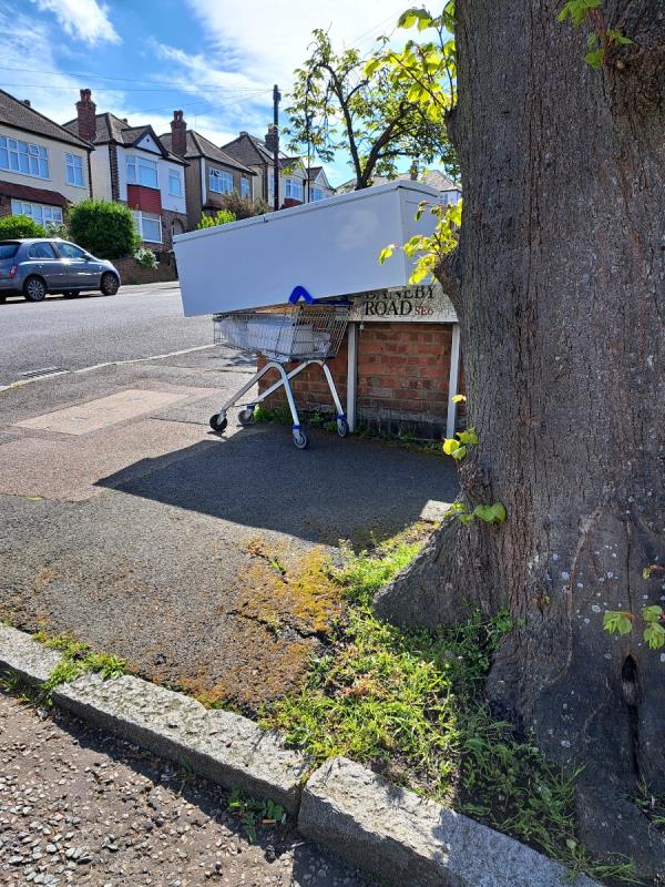 Tesco trolley with fridgefreezer on top plus other bits-132 Thornsbeach Road, Catford, London, SE6 1HB