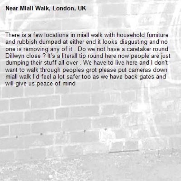 There is a few locations in miall walk with household furniture and rubbish dumped at either end it looks disgusting and no one is removing any of it . Do we not have a caretaker round Dillwyn close ? It’s a literall tip round here now people are just dumping their stuff all over . We have to live here and I don’t want to walk through peoples grot please put cameras down miall walk I’d feel a lot safer too as we have back gates and will give us peace of mind -Miall Walk, London, UK