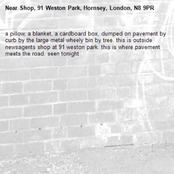 a pillow, a blanket, a cardboard box, dumped on pavement by curb by the large metal wheely bin by tree. this is outside newsagents shop at 91 weston park. this is where pavement meets the road. seen tonight -Shop, 91 Weston Park, Hornsey, London, N8 9PR