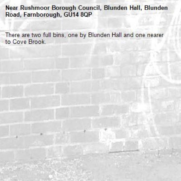 There are two full bins, one by Blunden Hall and one nearer to Cove Brook. -Rushmoor Borough Council, Blunden Hall, Blunden Road, Farnborough, GU14 8QP