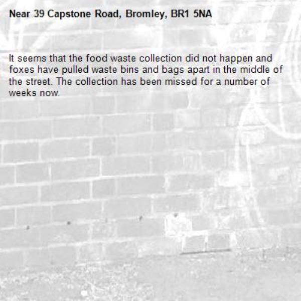It seems that the food waste collection did not happen and foxes have pulled waste bins and bags apart in the middle of the street. The collection has been missed for a number of weeks now. -39 Capstone Road, Bromley, BR1 5NA