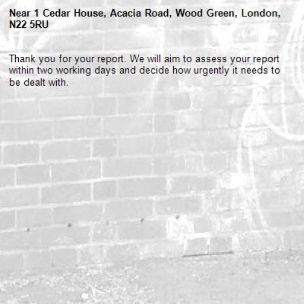 Thank you for your report. We will aim to assess your report within two working days and decide how urgently it needs to be dealt with.-1 Cedar House, Acacia Road, Wood Green, London, N22 5RU