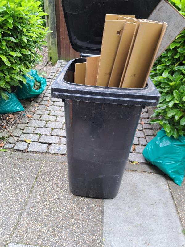 Refuse bin filled with flooring and left on the walkaway at the road entrance, bags of green waste left near the bin.-1-11 Viney Road 