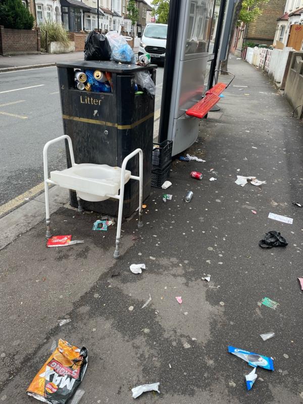 Overflowing bin and fly-tipping of toilet.-8 Boundary Road, Plaistow, E13 9PR