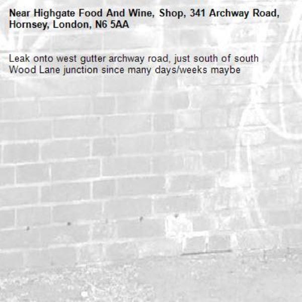 Leak onto west gutter archway road, just south of south Wood Lane junction since many days/weeks maybe-Highgate Food And Wine, Shop, 341 Archway Road, Hornsey, London, N6 5AA