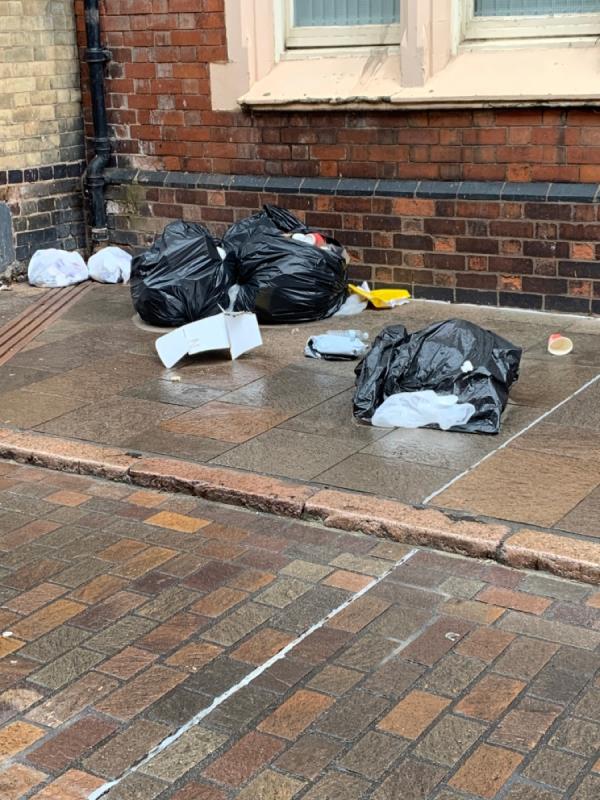 Bin bags have been split on Wycliffe street. Rubbish all over there and Millstone Lane-4 Wycliffe Street, City Centre, LE1 5LS, England, United Kingdom