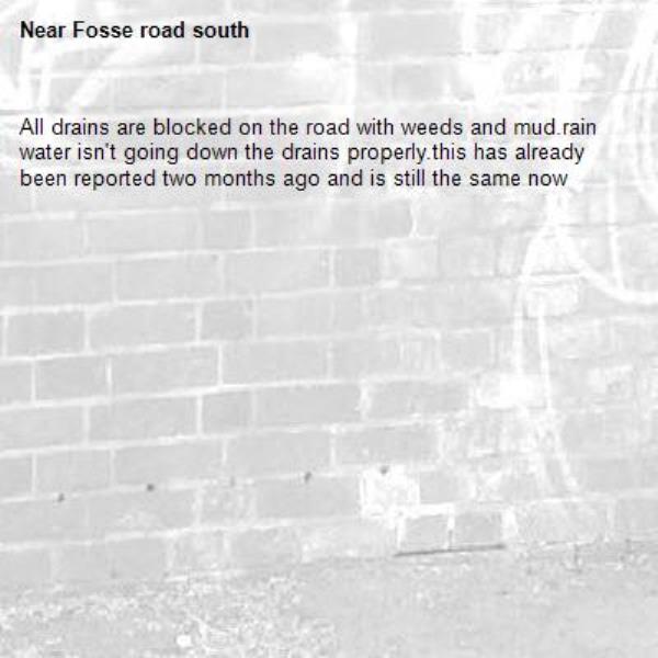 All drains are blocked on the road with weeds and mud.rain water isn't going down the drains properly.this has already been reported two months ago and is still the same now -Fosse road south