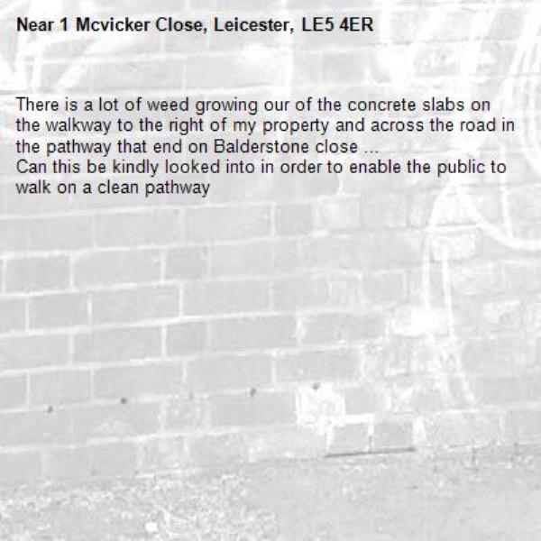 There is a lot of weed growing our of the concrete slabs on the walkway to the right of my property and across the road in the pathway that end on Balderstone close ...
Can this be kindly looked into in order to enable the public to walk on a clean pathway -1 Mcvicker Close, Leicester, LE5 4ER