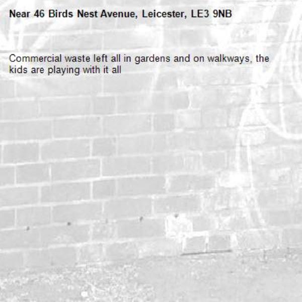 Commercial waste left all in gardens and on walkways, the kids are playing with it all-46 Birds Nest Avenue, Leicester, LE3 9NB