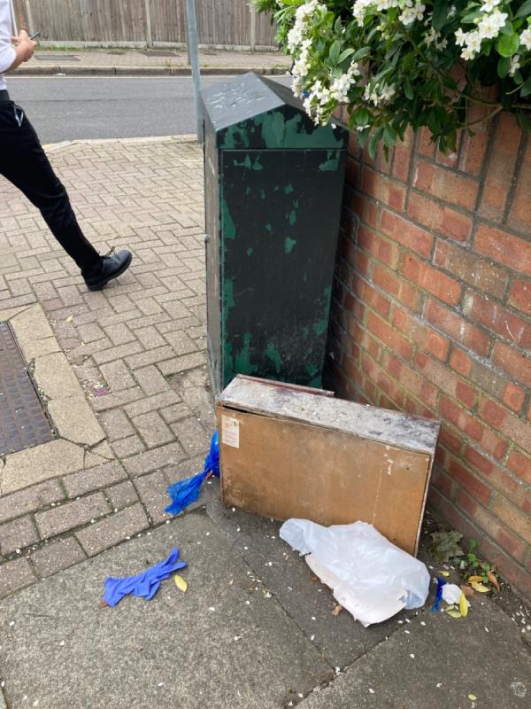 Flytipping on corner of Hebdon and Fishponds-62 Fishponds Road, Upper Tooting, SW17 7LG, England, United Kingdom