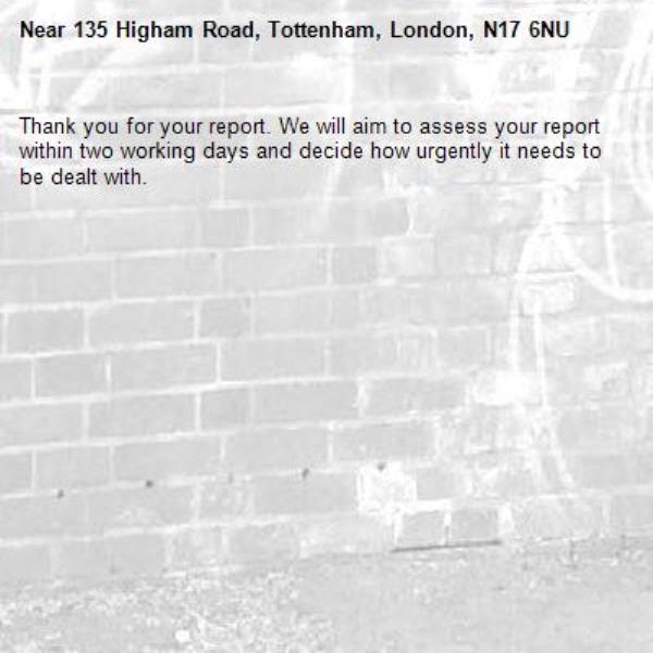 Thank you for your report. We will aim to assess your report within two working days and decide how urgently it needs to be dealt with.-135 Higham Road, Tottenham, London, N17 6NU