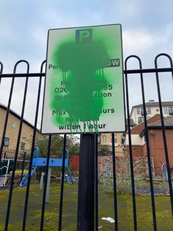 Parking sign defaced -The Britannia Village Hall, 65 Evelyn Road, Canning Town, E16 1UB