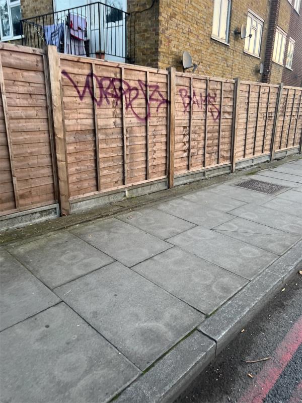 Graffiti on fence -Flat 1, 3 Baring Road, London, SE12 0JP